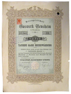 AG Gaswerk Bensheim Gr�nderaktie 1000 M Juni 1887