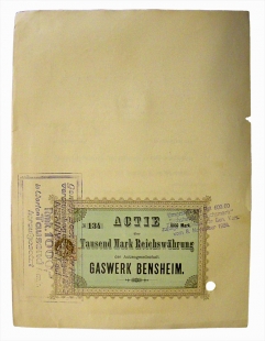 AG Gaswerk Bensheim Gr�nderaktie 1000 M Juni 1887