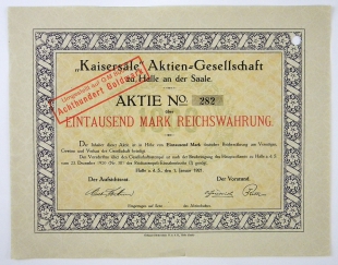 3 Aktien Kaisers�le AG zu Halle an der Saale, 1000 M 1921