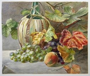 A. Leibig, Aquarell, Stillleben mit Weinlaub und Fr�chten