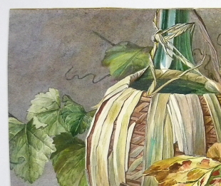 A. Leibig, Aquarell, Stillleben mit Weinlaub und Fr�chten