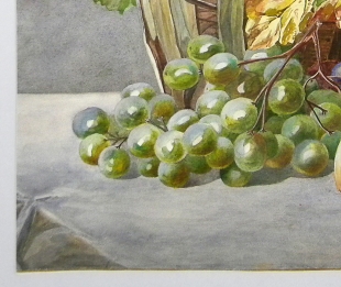 A. Leibig, Aquarell, Stillleben mit Weinlaub und Fr�chten