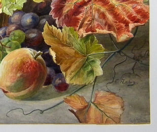 A. Leibig, Aquarell, Stillleben mit Weinlaub und Fr�chten