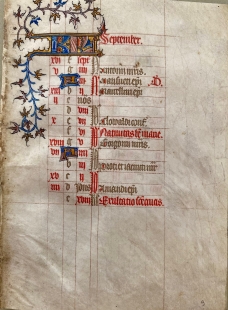 Manuscript leaf calender September Book of Hours Paris 1410