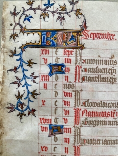 Manuscript leaf calender September Book of Hours Paris 1410
