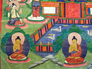 Farbenfrohes Amoghasiddhi Thangka mit Goldverzierung Nepal