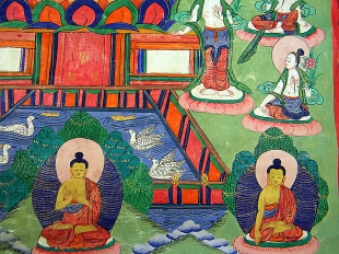Farbenfrohes Amoghasiddhi Thangka mit Goldverzierung Nepal