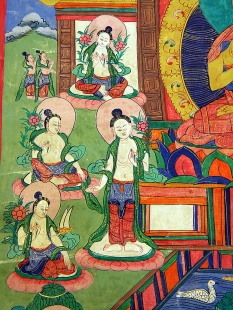 Farbenfrohes Amoghasiddhi Thangka mit Goldverzierung Nepal