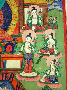 Farbenfrohes Amoghasiddhi Thangka mit Goldverzierung Nepal