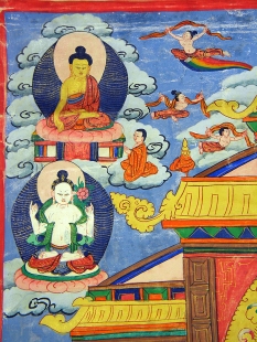 Farbenfrohes Amoghasiddhi Thangka mit Goldverzierung Nepal