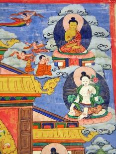 Farbenfrohes Amoghasiddhi Thangka mit Goldverzierung Nepal
