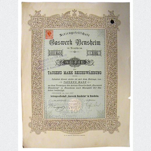 AG Gaswerk Bensheim Gr�nderaktie 1000 M Juni 1887