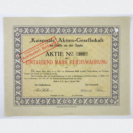 3 Aktien Kaisers�le AG zu Halle an der Saale, 1000 M 1921