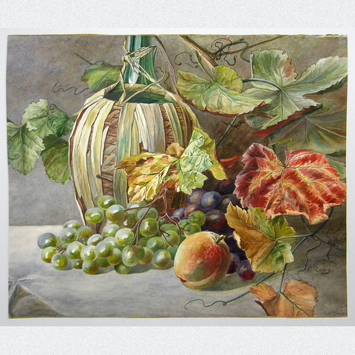 A. Leibig, Aquarell, Stillleben mit Weinlaub und Fr�chten