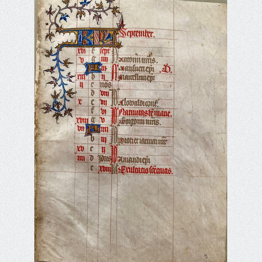 Manuscript leaf calender September Book of Hours Paris 1410