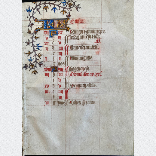 Manuscript leaf calender October Book of Hours Paris 1410