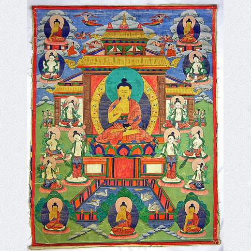 Farbenfrohes Amoghasiddhi Thangka mit Goldverzierung Nepal